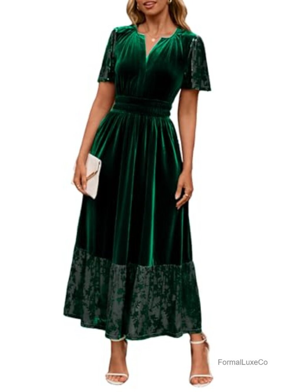 Women's Velvet Maxi Dress V Neck Formal Wedding Guest Floral Short Sleeve